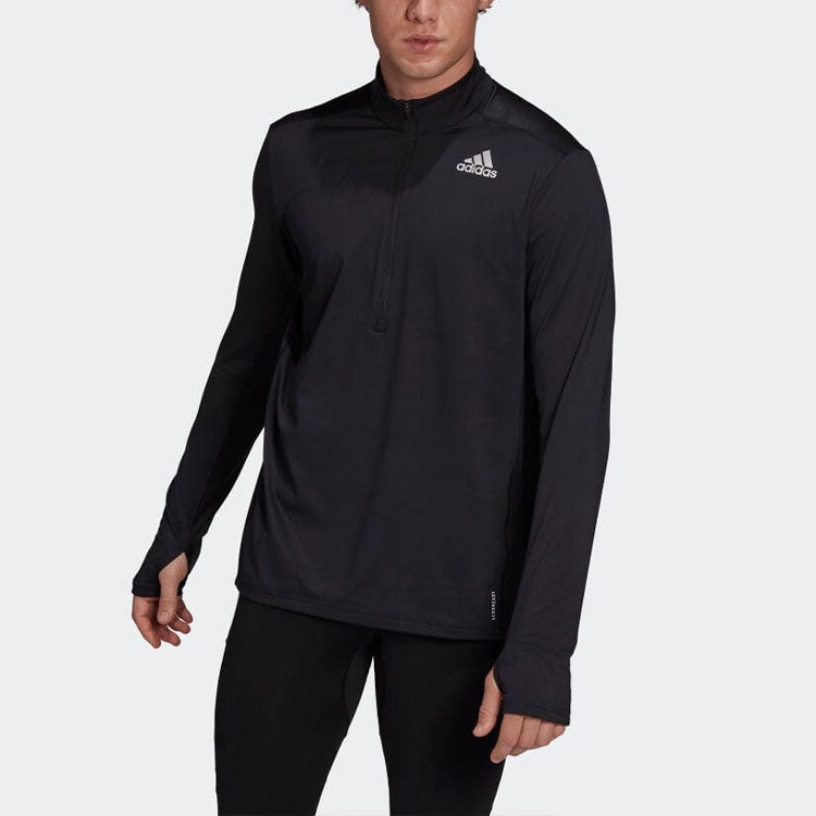 Men's adidas Logo Printing Stand Collar Half Zipper Pullover Long Sleeves Japanese Version Black T-Shirt GT8936