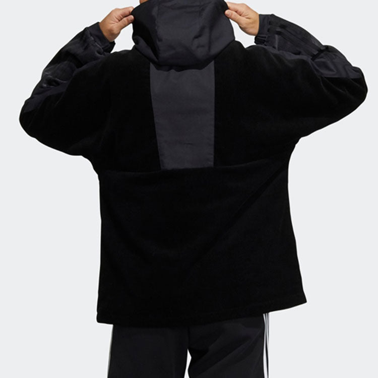 adidas M Corduroy Ank Half Zipper Splicing Sports hooded Logo Jacket Black HD0365