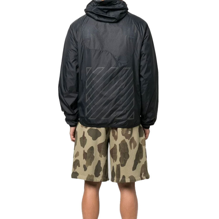 Men's Off-White SS22 Splicing Retro Sports Logo Jacquard Zipper Hooded Jacket Black OMVL014C99FAB0011001