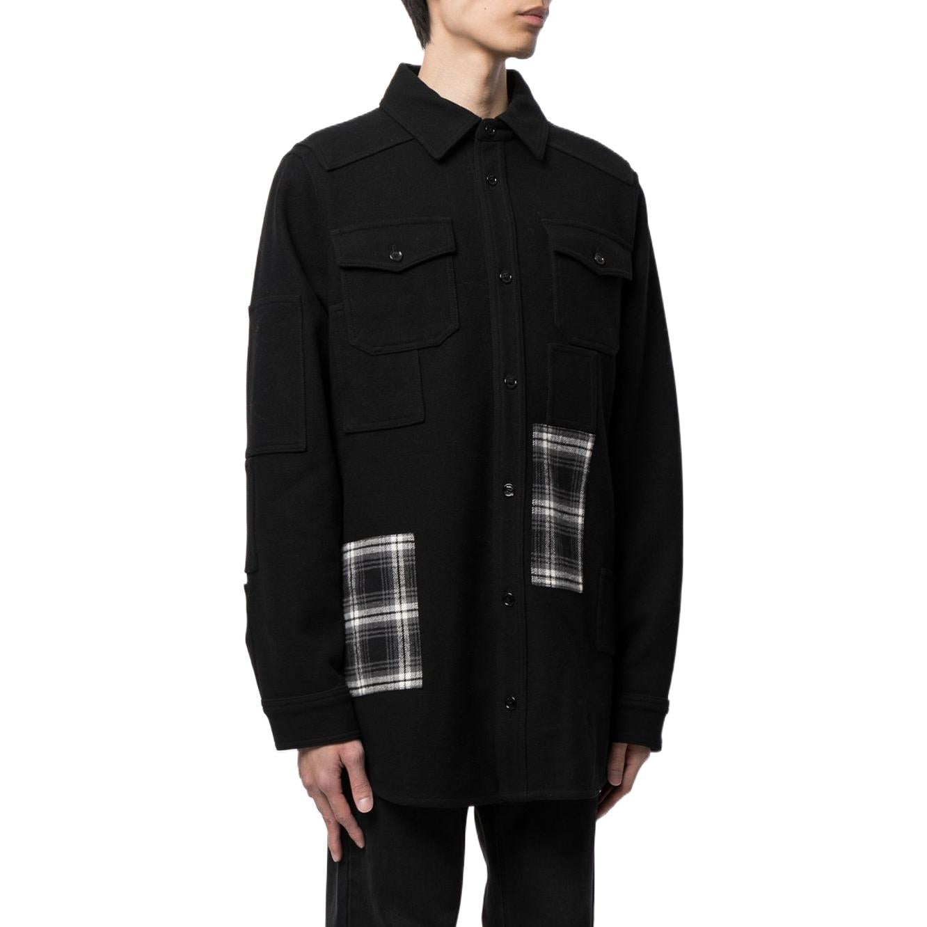 Men's Off-White SS22 Version Logo Printing Plaid Pocket Lapel Jacket Black OMEA227E20FAB0011001