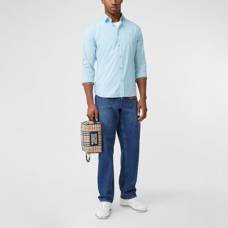 Men's Burberry Logo Embroidered Casual Long Sleeves Cotton Shirt Blue 80175491