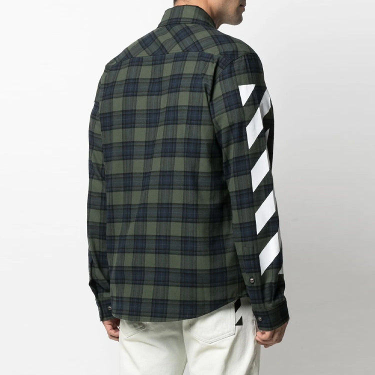 Off-White SS21 Stripe Printing Plaid flannel Long Sleeves Shirt Green OMGA133S21FAB0015701