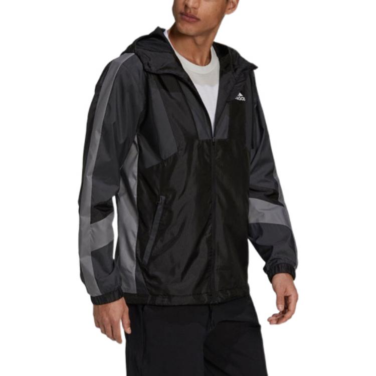 Men's adidas Logo Printing Drawstring Hooded Zipper Sports Jacket Black H31442