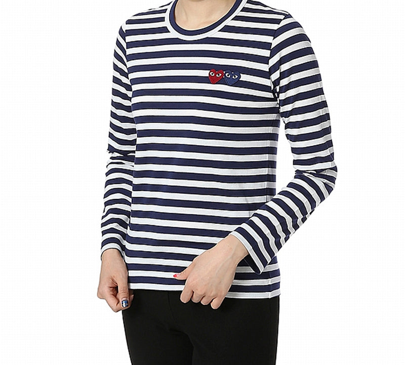 (WMNS) COMME des GARCONS PLAY Striped Double Hearts Logo Long Sleeves Tee 'Navy White' AZ-T227-051-1
