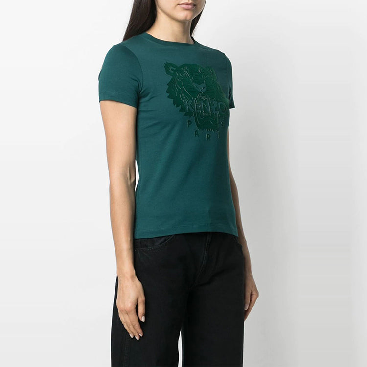 KENZO Tiger Head Printing Velvet Round Neck Short Sleeve Green FA62TS8464YJ-73