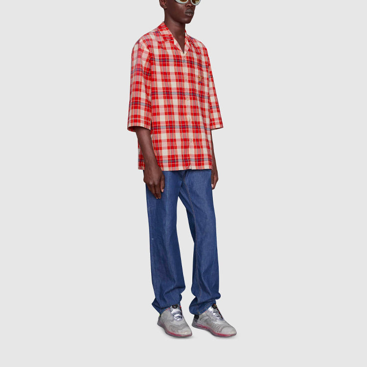 Gucci FW21 animal Embroidered Plaid Short Sleeve Shirt Red 653446-ZAG0O-6172