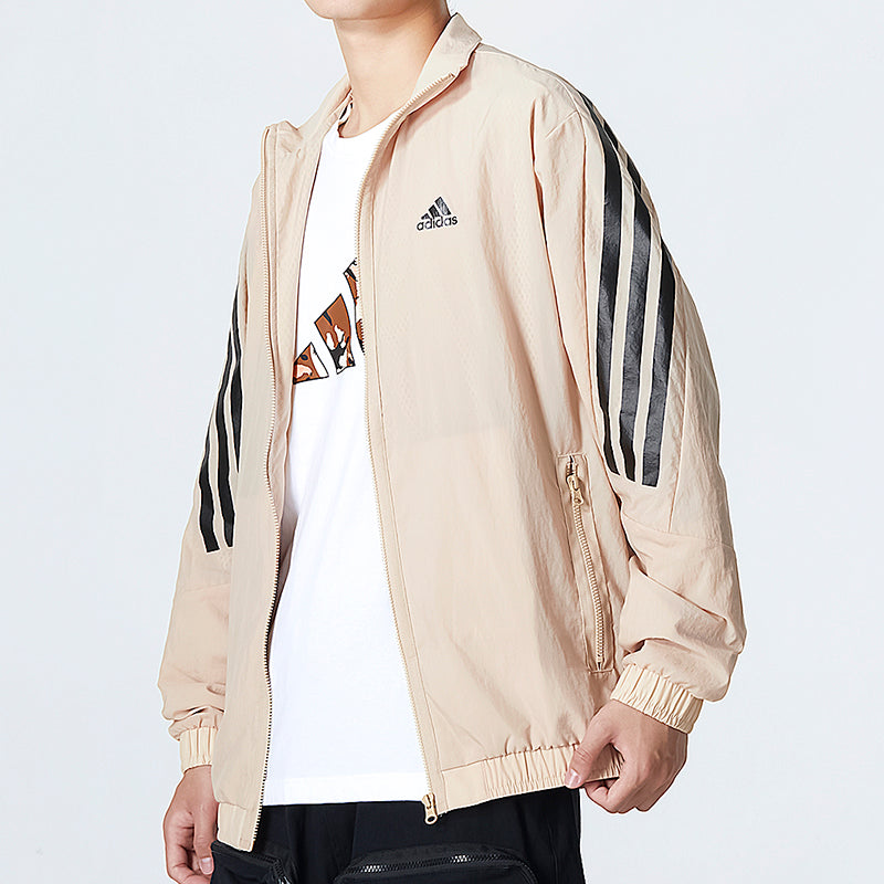 Men's adidas Fi Wv Tt Athleisure Casual Sports Woven Stripe Jacket Khaki HU1514