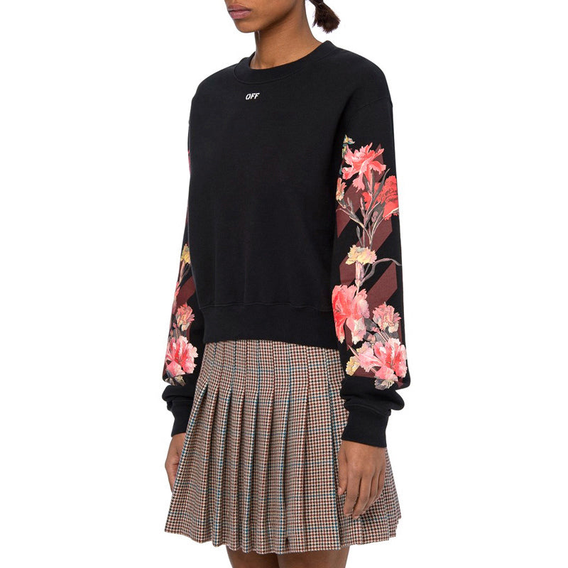 (WMNS) Off-White Logo Flowers Printing Long Sleeves Hoodie Black OMBA026E190030661024