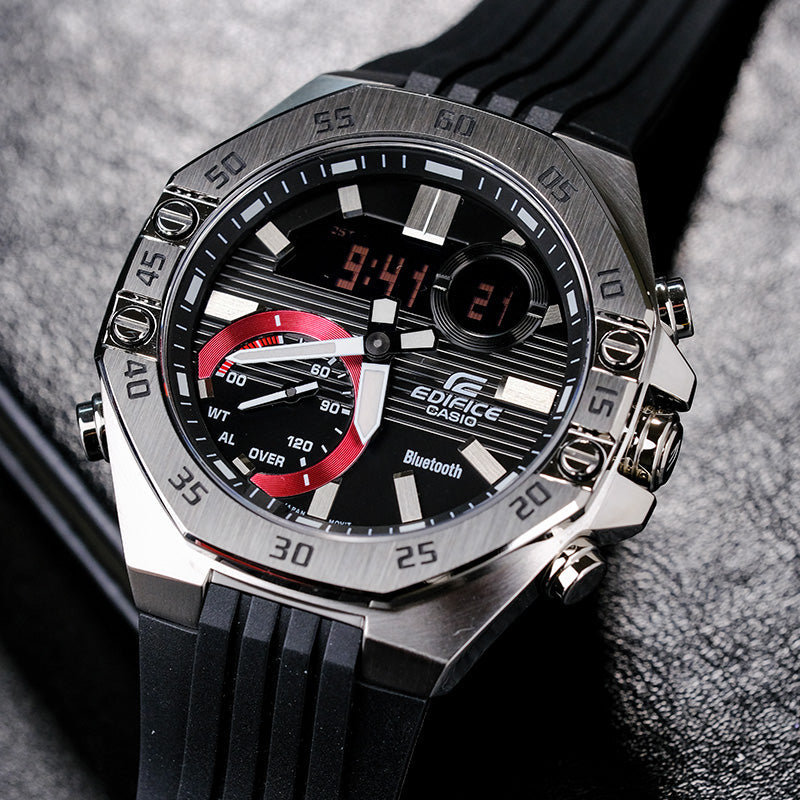 CASIO Bluetooth Waterproof EDIFICE Sports Sapphire Crystal Quartz Solar Powered Mens Silver Analog/Digital Combo ECB-10YP-1APR