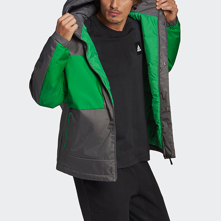 adidas Logo Pattern Splicing Design Loose Long Sleeves Down Jacket Black Green GF0077