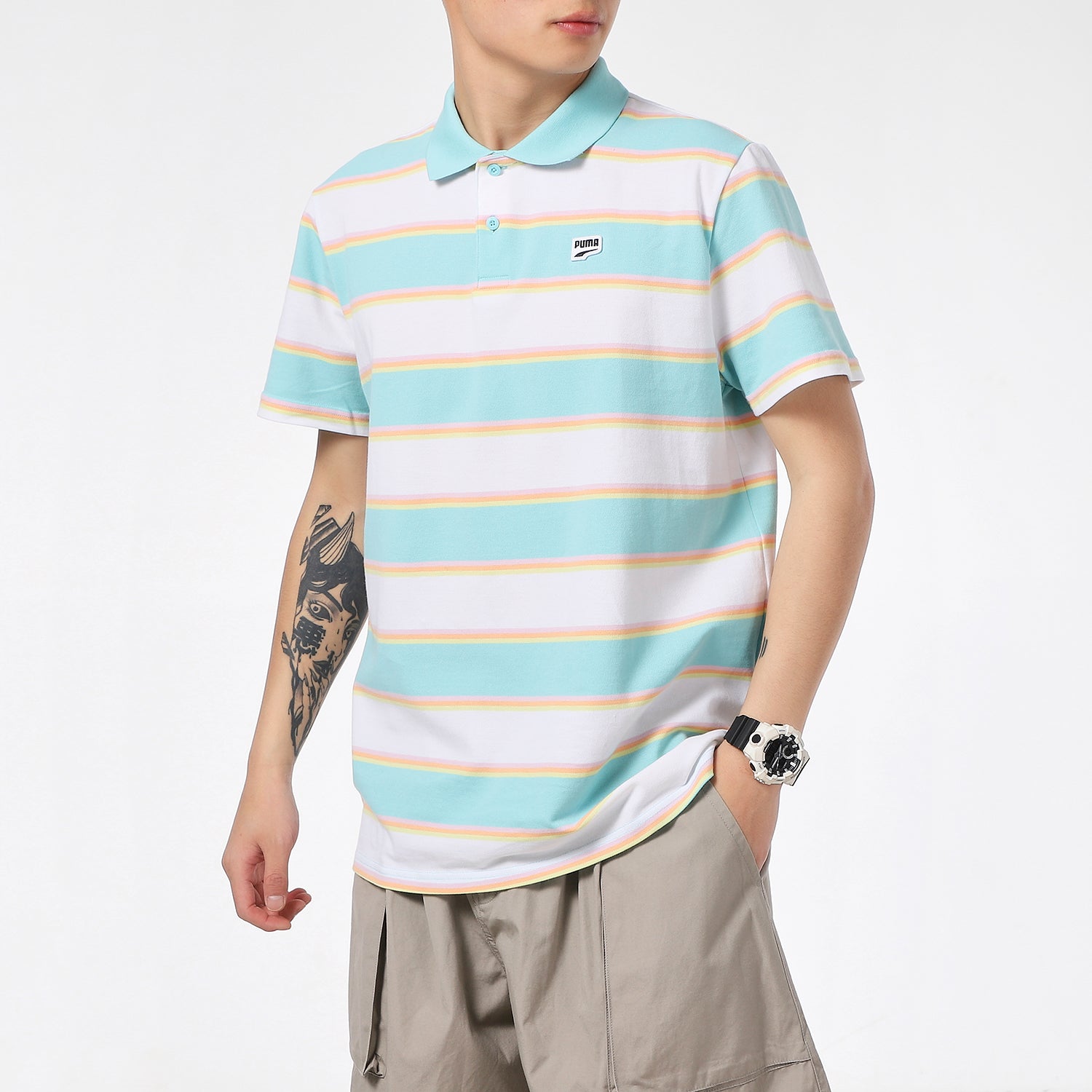 PUMA Downtown Stripe Polo Tee Shirt 'White' 599781-52