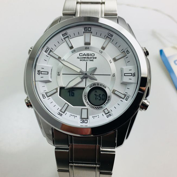 CASIO Waterproof Stainless Steel Strap Mens Silver Analog/Digital Combo AMW-810D-7A