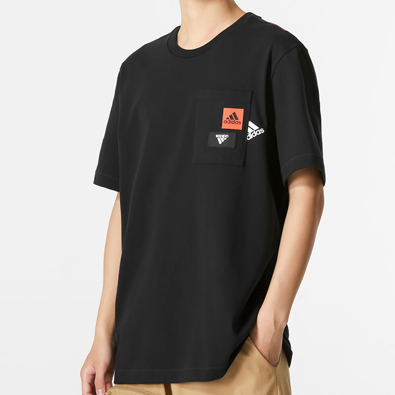 Men's adidas Solid Color Logo Pocket Athleisure Casual Sports Round Neck Short Sleeve Black T-Shirt HM2958
