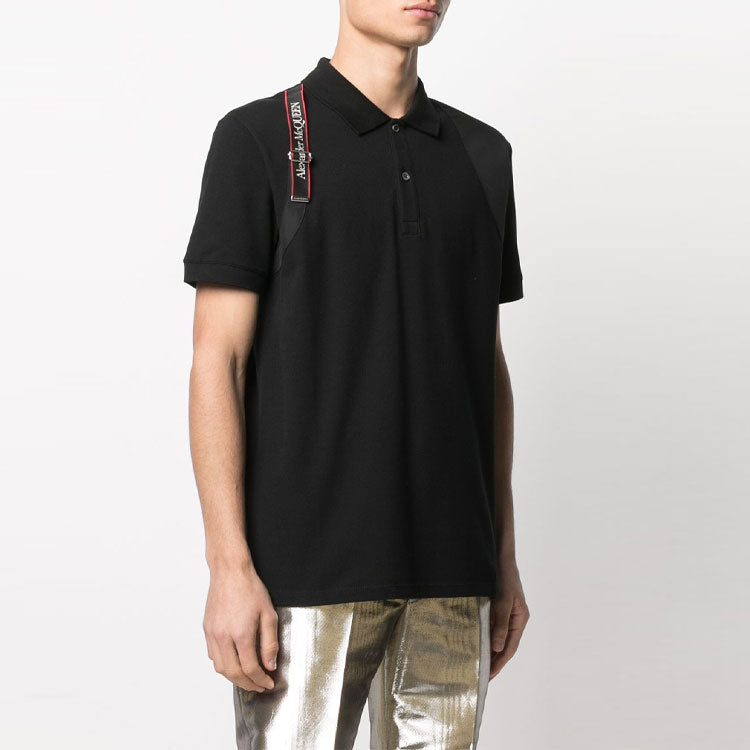 Men's Alexander McQueen FW21 Logo Splicing Short Sleeve Polo Shirt Black 625245-QQX33-1000