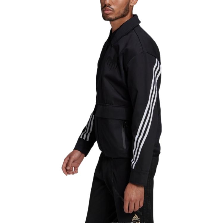 Men's adidas Stripe Printing Logo Zipper Lapel Long Sleeves Jacket Black GN6807