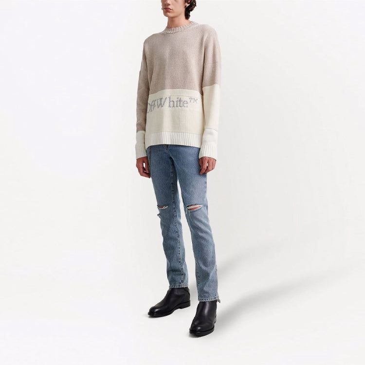 Men's Off-White FW21 Logo Pattern Round Neck Pullover Long Sleeves Colorblock Wool Sweater Loose Fit OMHE048F21KNI0016105