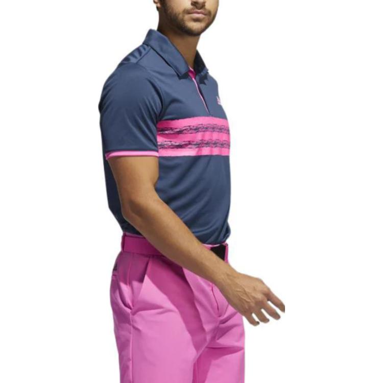 Men's adidas Stripe Printing Golf Sports Short Sleeve Navy Blue Polo Shirt GL0101