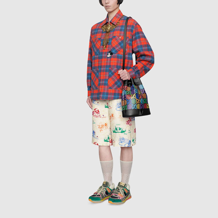 Gucci x Disney Embroidered Mickey Patch Checked Cotton Zip Shirt For Men Red 602688-ZADJX-6431