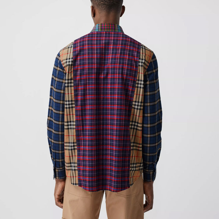 Men's Burberry Colorblock Plaid Loose Shirt Navy Blue 80343781