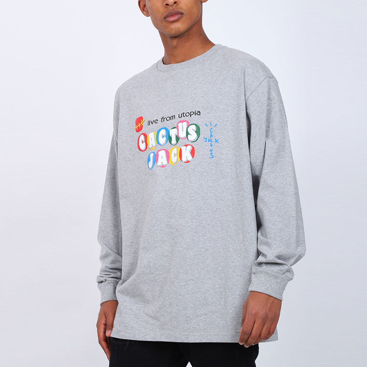 Travis Scott Cactus Jack x McDonald Crossover Chest Alphabet Printing Pattern Long Sleeves Unisex Gray TC-6