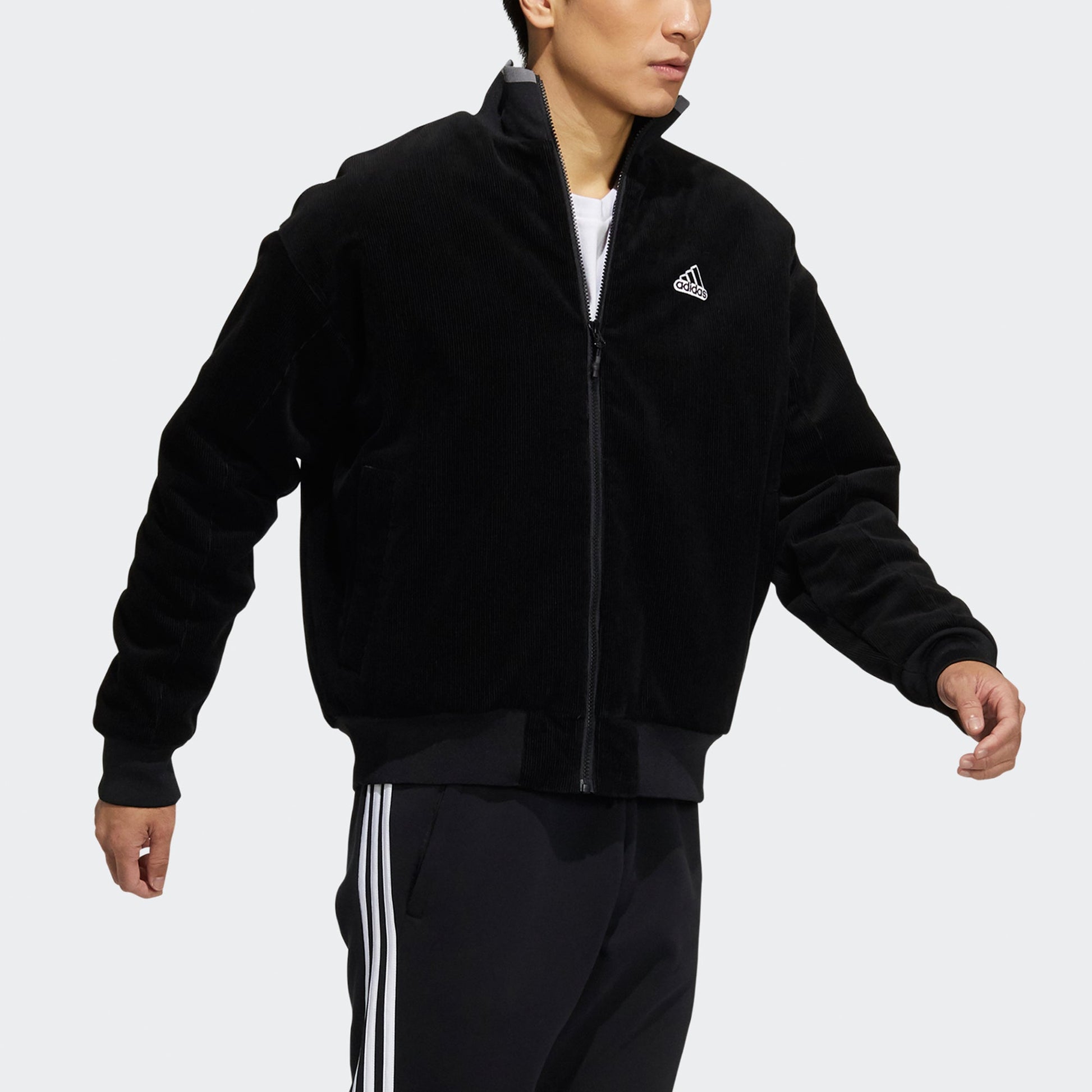 adidas M Corduroy Jkt Solid Color Logo Stand Collar Sports Jacket Black HD0360
