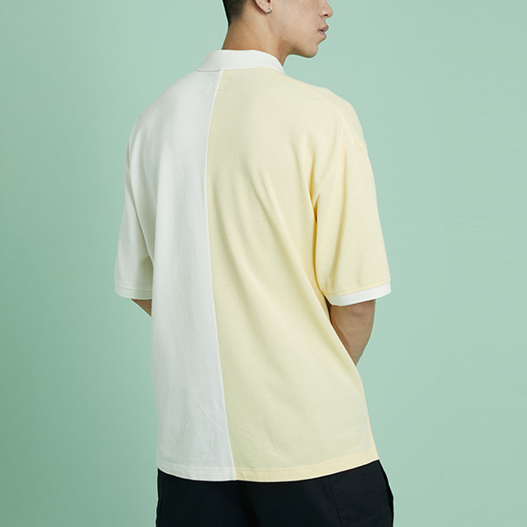 Men's Converse Splicing Colorblock Lapel Short Sleeve Cream Yellow Polo Shirt 10022780-A01