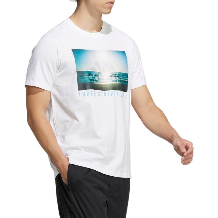 adidas Logo Sunset Printing Round Neck Short Sleeve White HN0401
