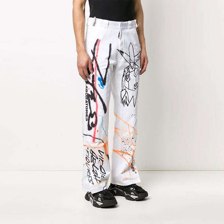 Men's Off-White FW22 Graffiti Printing High Waist Straight Casual Pants/Trousers Version White OMYA075S20D050510188
