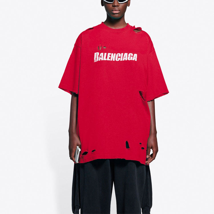 Men's Balenciaga Alphabet Printing Pattern Hole Round Neck Short Sleeve Red 651795TKVB86295