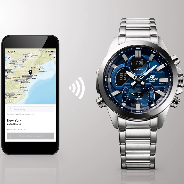 Men's CASIO edifice Series 2022 Luminous Stainless Steel Silver Strap Dial 100m Waterproof Watch Mens Blue Analog ECB-30D-2A