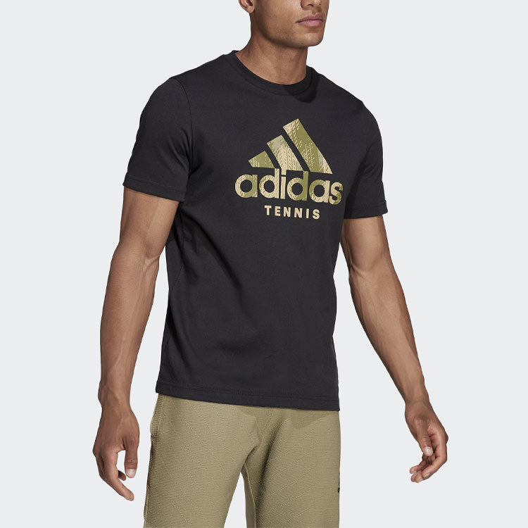 Men's adidas Camouflage Logo Printing Tennis Sports Round Neck Short Sleeve Black T-Shirt HB2744