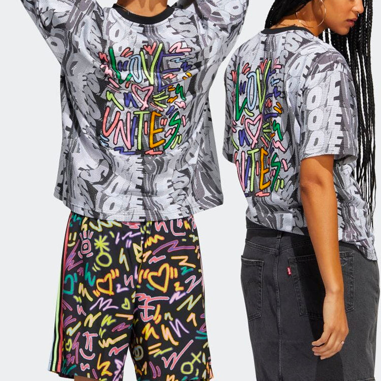 adidas originals Alphabet Full Print Round Neck Short Sleeve Unisex Gray HC3082