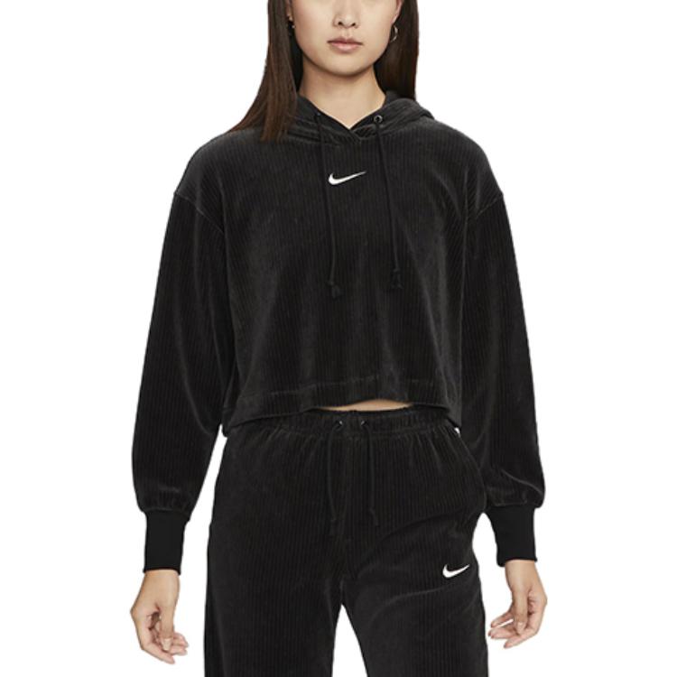 (WMNS) Nike Sportswear Velour Cropped Pullover Hoodie 'Black' DQ5928-010