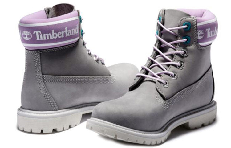 (WMNS) Timberland Premium 6 Inch Waterproof Boots 'Grey Nubuck with Purple Logo Collar' A41D6D52