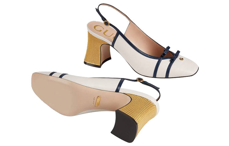 (WMNS) Gucci Leather Mid-Heel Slingback Pumps With Block heel 'White Navy' 608932-C9D10-9068