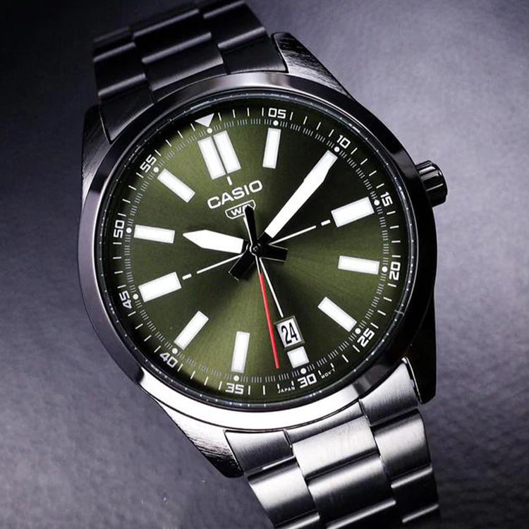 Casio Dress Pointer Display Analog Watch 'Metallic Black Green' MTP-VD02B-3E