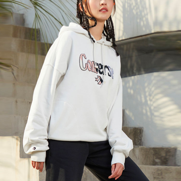 (WMNS) Converse Logo Embroidered Loose Fleece Hoodie White 10022349-A01