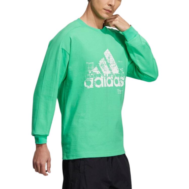 Men's adidas Large Logo Embroidered Printing Sports Long Sleeves Green T-Shirt H40841
