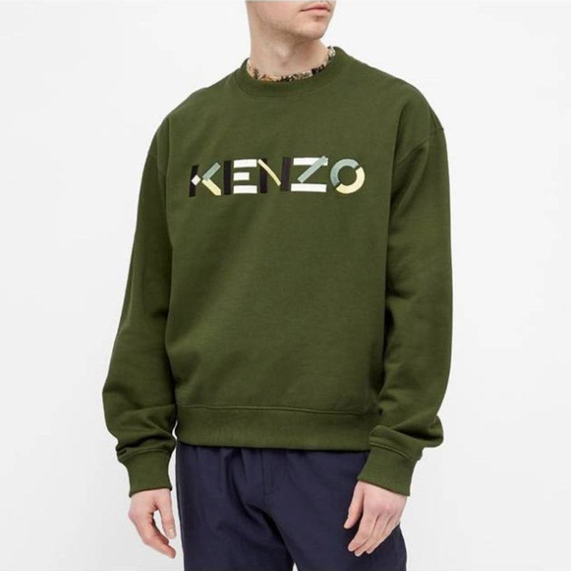 Men's KENZO SS21 Embroidered logo Fleece Lined Pullover Olive Green FB55SW5234MO-51