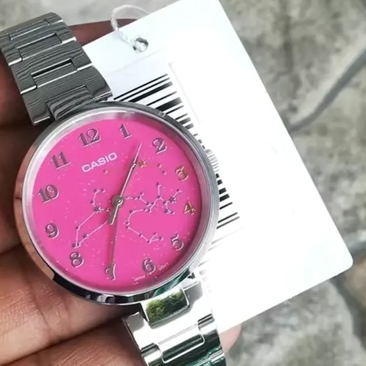 CASIO Quartz 32mm Pink Constellation Dial Stainless Steel Case Watch Silver Analog LTP-E01D-4A