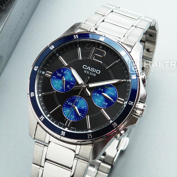CASIO Business Style Waterproof Quartz Men Silver/Black Stainless Steel Strap Mens Blue Analog MTP-1374D-2A