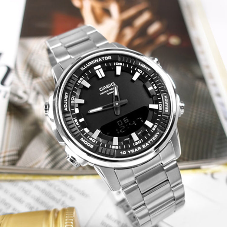 Men's CASIO Dress Series Classic Minimalistic Black 47mm 50 waterproof Stainless Steel Strap Mens Silver Analog AMW-880D-1AV
