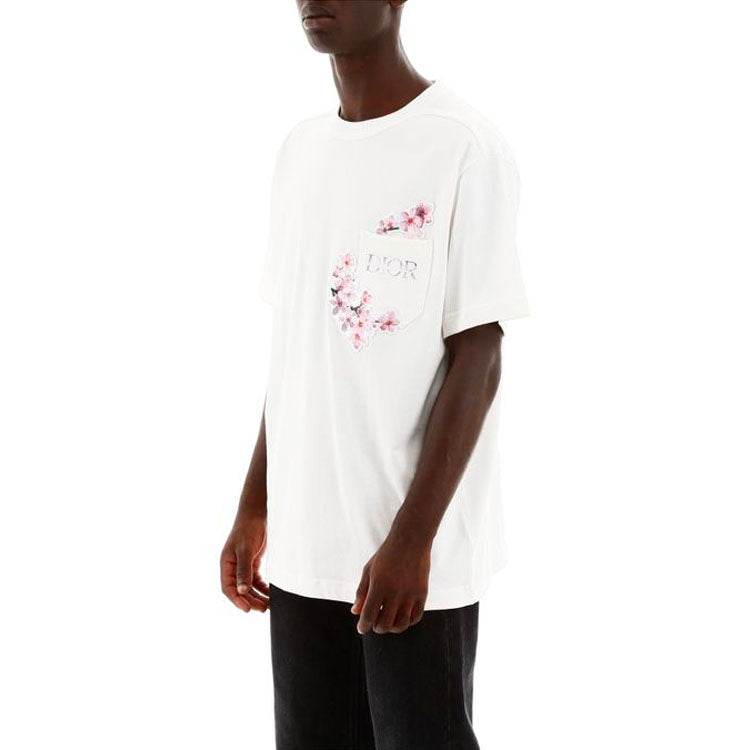 Men's DIOR x Sorayabai Crossover Sakura Logo Printing Pocket Short Sleeve White 933J611A0554-080