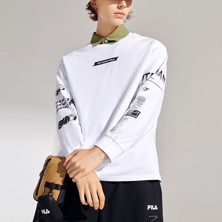 Men's FILA FUSION Alphabet Printing Sports Tennis Long Sleeves White T-Shirt T11M111201F-WT