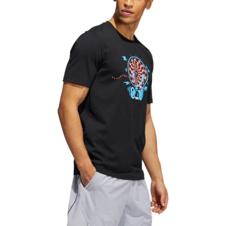 Men's adidas Basketball Printing Round Neck Short Sleeve Japanese Version Black T-Shirt HF8464
