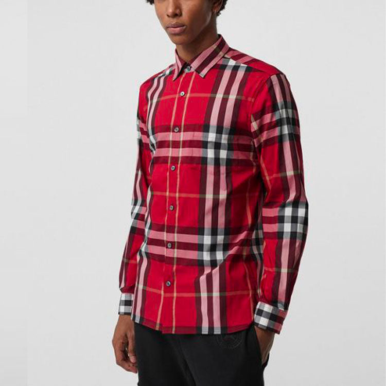 Men's Burberry Button Plaid Long Sleeves Shirt Red 80043591