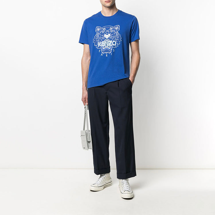 Men's KENZO SS21 Solid Color Tiger Head Printing Pattern Short Sleeve Royal blue FB55TS0204YA-71