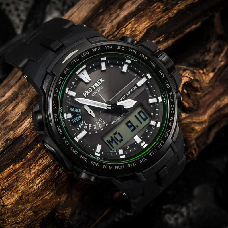 CASIO solar electric wave outdoor sports male waterproof /Blue Solar Powered Mens Black Analog/Digital Combo PRW-6100FC-1PR