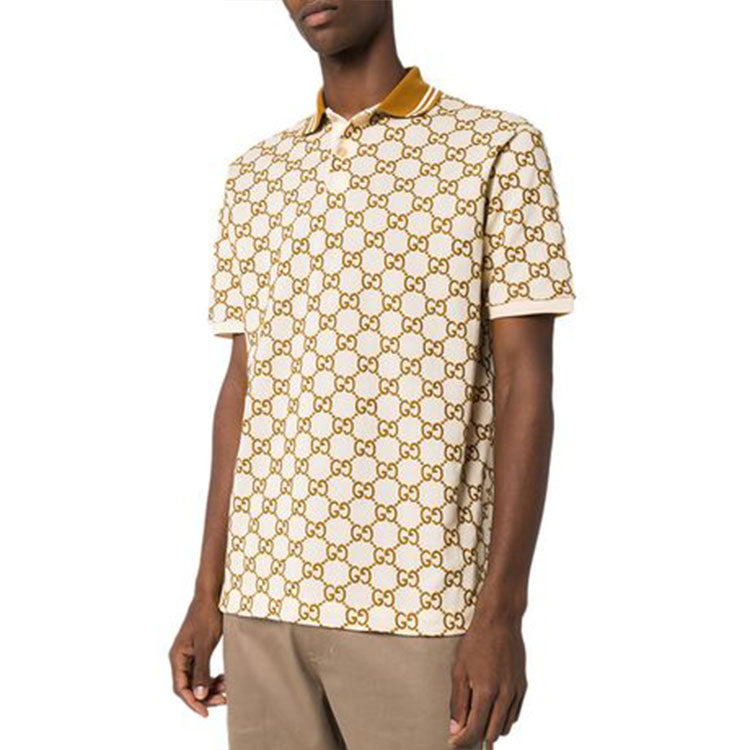 Men's Gucci Cotton Business Casual Short Sleeve Beige Polo Shirt 598956-XJB0U-9059