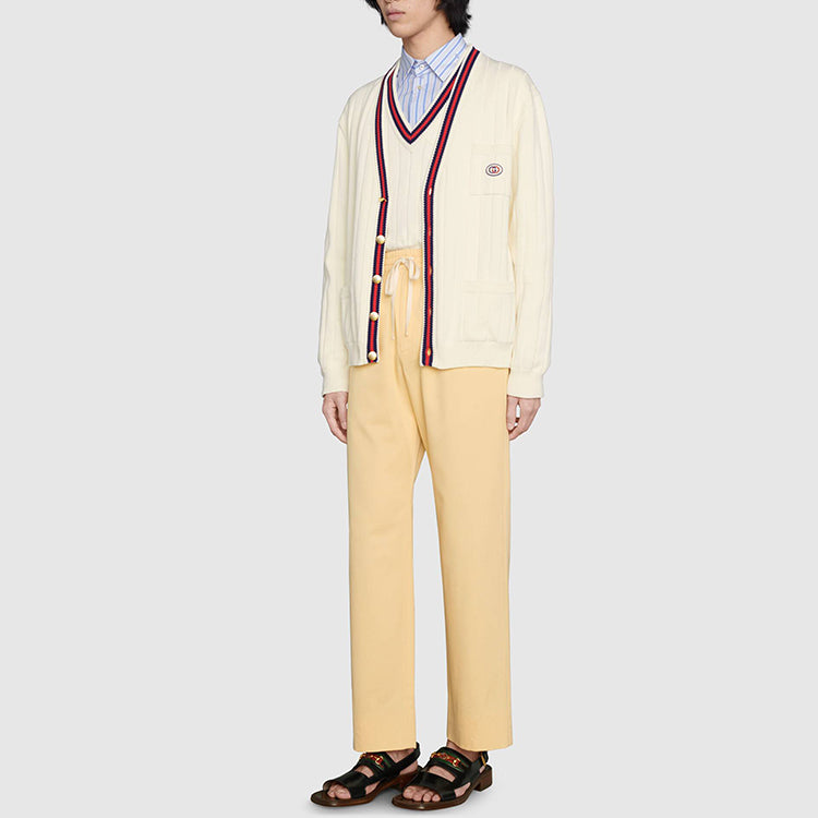 Gucci Knit Cotton V-Neck Cardigan With Web 'Ivory' 654984-XKBUR-9182